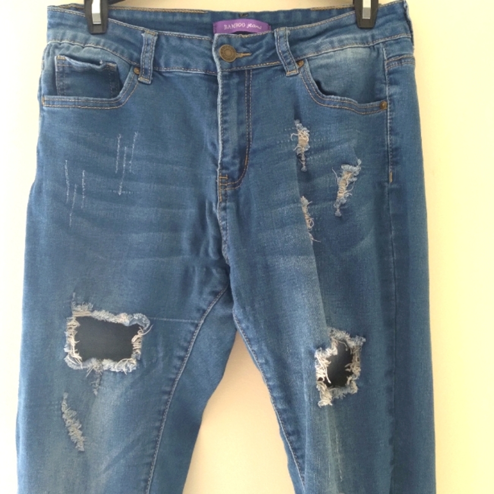 Bamboo Distressed Stretch Jeans, Size 13